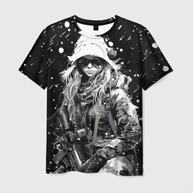 Мужская футболка 3D с принтом Девушка воин зимней ночью , 100% полиэфир | прямой крой, круглый вырез горловины, длина до линии бедер | 