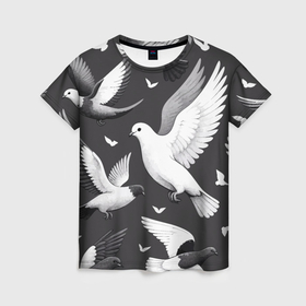 Женская футболка 3D с принтом Белые сизые голуби летящие в небе в Кировске, 100% полиэфир ( синтетическое хлопкоподобное полотно) | прямой крой, круглый вырез горловины, длина до линии бедер | 