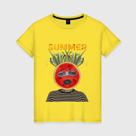 Женская футболка хлопок с принтом Девочка фрукт в Тюмени, 100% хлопок | прямой крой, круглый вырез горловины, длина до линии бедер, слегка спущенное плечо | 