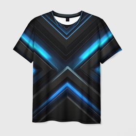 Мужская футболка 3D с принтом Black abstract neon blue abstract в Белгороде, 100% полиэфир | прямой крой, круглый вырез горловины, длина до линии бедер | Тематика изображения на принте: 