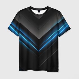 Мужская футболка 3D с принтом Black abstract neon blue  abstract , 100% полиэфир | прямой крой, круглый вырез горловины, длина до линии бедер | Тематика изображения на принте: 