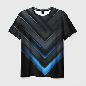 Мужская футболка 3D с принтом Black abstract neon  blue  abstract в Екатеринбурге, 100% полиэфир | прямой крой, круглый вырез горловины, длина до линии бедер | Тематика изображения на принте: 