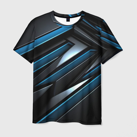Мужская футболка 3D с принтом Black  abstract  neon  blue  abstract , 100% полиэфир | прямой крой, круглый вырез горловины, длина до линии бедер | Тематика изображения на принте: 