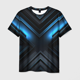 Мужская футболка 3D с принтом Синее неоновое свечение на объемной черной  абстракции , 100% полиэфир | прямой крой, круглый вырез горловины, длина до линии бедер | 