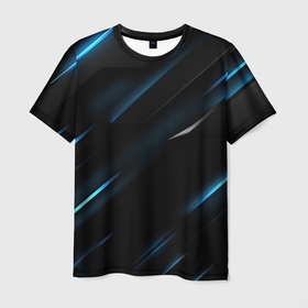 Мужская футболка 3D с принтом Синее неоновое свечение  на  объемной  черной  абстракции в Кировске, 100% полиэфир | прямой крой, круглый вырез горловины, длина до линии бедер | 