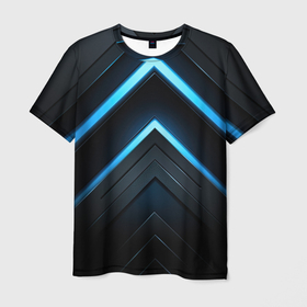 Мужская футболка 3D с принтом Синее  неоновое  свечение  на  объемной  черной  абстракции , 100% полиэфир | прямой крой, круглый вырез горловины, длина до линии бедер | 