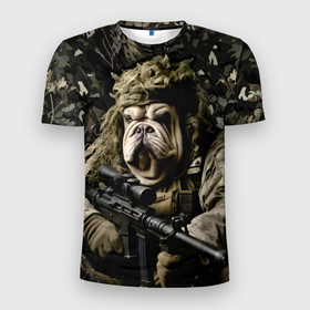 Мужская футболка 3D Slim с принтом Мастиф снайпер в Санкт-Петербурге, 100% полиэстер с улучшенными характеристиками | приталенный силуэт, круглая горловина, широкие плечи, сужается к линии бедра | 