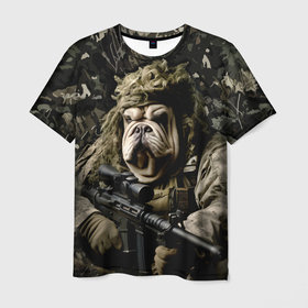 Мужская футболка 3D с принтом Мастиф снайпер в Курске, 100% полиэфир | прямой крой, круглый вырез горловины, длина до линии бедер | 