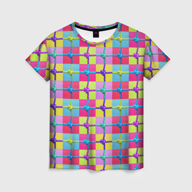 Женская футболка 3D с принтом Разноцветная спортивная сетка в Курске, 100% полиэфир ( синтетическое хлопкоподобное полотно) | прямой крой, круглый вырез горловины, длина до линии бедер | 