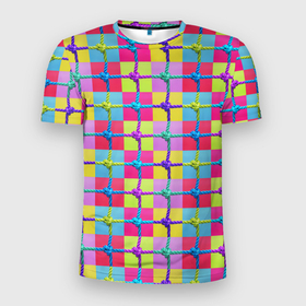 Мужская футболка 3D Slim с принтом Разноцветная спортивная сетка в Кировске, 100% полиэстер с улучшенными характеристиками | приталенный силуэт, круглая горловина, широкие плечи, сужается к линии бедра | 