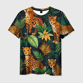 Мужская футболка 3D с принтом Леопарды в джунглях в Санкт-Петербурге, 100% полиэфир | прямой крой, круглый вырез горловины, длина до линии бедер | 