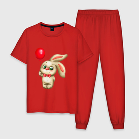 Мужская пижама хлопок с принтом Плюшевый заяц с красным воздушным шариком в Новосибирске, 100% хлопок | брюки и футболка прямого кроя, без карманов, на брюках мягкая резинка на поясе и по низу штанин
 | 