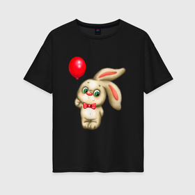 Женская футболка хлопок Oversize с принтом Плюшевый заяц с красным воздушным шариком в Курске, 100% хлопок | свободный крой, круглый ворот, спущенный рукав, длина до линии бедер
 | 