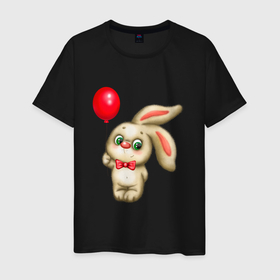 Мужская футболка хлопок с принтом Плюшевый заяц с красным воздушным шариком в Екатеринбурге, 100% хлопок | прямой крой, круглый вырез горловины, длина до линии бедер, слегка спущенное плечо. | 