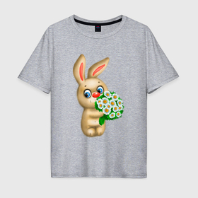 Мужская футболка хлопок Oversize с принтом Плюшевый заяц с букетом в Новосибирске, 100% хлопок | свободный крой, круглый ворот, “спинка” длиннее передней части | 