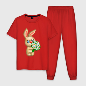 Мужская пижама хлопок с принтом Плюшевый заяц с букетом в Новосибирске, 100% хлопок | брюки и футболка прямого кроя, без карманов, на брюках мягкая резинка на поясе и по низу штанин
 | 