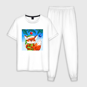 Мужская пижама хлопок с принтом Милая лиса под ёлкой в Новосибирске, 100% хлопок | брюки и футболка прямого кроя, без карманов, на брюках мягкая резинка на поясе и по низу штанин
 | Тематика изображения на принте: 