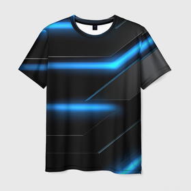 Мужская футболка 3D с принтом Черный    абстракция   и   неоновые синие   полосы в Кировске, 100% полиэфир | прямой крой, круглый вырез горловины, длина до линии бедер | 