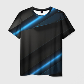 Мужская футболка 3D с принтом Черный   абстракция  и   неоновые синие   полосы в Екатеринбурге, 100% полиэфир | прямой крой, круглый вырез горловины, длина до линии бедер | 