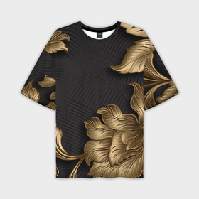 Мужская футболка oversize 3D с принтом Объемные золотые листья на черной ткани лепнина в Санкт-Петербурге,  |  | 