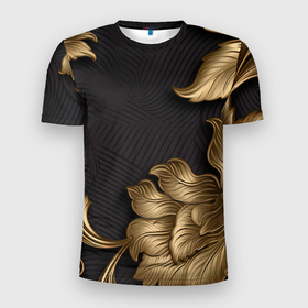 Мужская футболка 3D Slim с принтом Объемные золотые листья на черной ткани лепнина в Екатеринбурге, 100% полиэстер с улучшенными характеристиками | приталенный силуэт, круглая горловина, широкие плечи, сужается к линии бедра | 