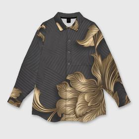 Мужская рубашка oversize 3D с принтом Объемные золотые листья на черной ткани лепнина в Санкт-Петербурге,  |  | 