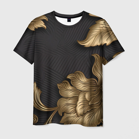 Мужская футболка 3D с принтом Объемные золотые листья на черной ткани лепнина в Екатеринбурге, 100% полиэфир | прямой крой, круглый вырез горловины, длина до линии бедер | 