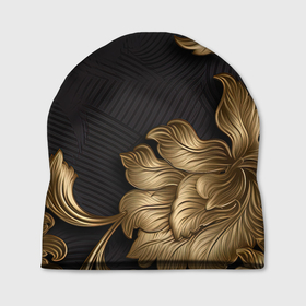 Шапка 3D с принтом Объемные золотые листья на черной ткани лепнина в Екатеринбурге, 100% полиэстер | универсальный размер, печать по всей поверхности изделия | 
