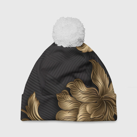 Шапка 3D c помпоном с принтом Объемные золотые листья на черной ткани лепнина в Екатеринбурге, 100% полиэстер | универсальный размер, печать по всей поверхности изделия | 