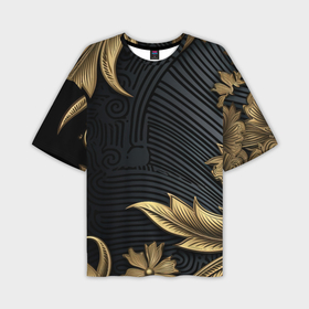 Мужская футболка oversize 3D с принтом Объемные золотые листья на черной ткани  лепнина в Санкт-Петербурге,  |  | 