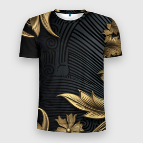 Мужская футболка 3D Slim с принтом Объемные золотые листья на черной ткани  лепнина в Екатеринбурге, 100% полиэстер с улучшенными характеристиками | приталенный силуэт, круглая горловина, широкие плечи, сужается к линии бедра | 