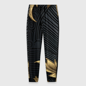 Мужские брюки 3D с принтом Объемные золотые листья на черной ткани  лепнина в Екатеринбурге, 100% полиэстер | манжеты по низу, эластичный пояс регулируется шнурком, по бокам два кармана без застежек, внутренняя часть кармана из мелкой сетки | 