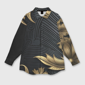 Мужская рубашка oversize 3D с принтом Объемные золотые листья на черной ткани  лепнина в Санкт-Петербурге,  |  | 