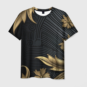 Мужская футболка 3D с принтом Объемные золотые листья на черной ткани  лепнина в Екатеринбурге, 100% полиэфир | прямой крой, круглый вырез горловины, длина до линии бедер | 