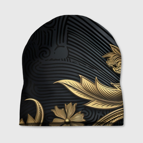 Шапка 3D с принтом Объемные золотые листья на черной ткани  лепнина в Екатеринбурге, 100% полиэстер | универсальный размер, печать по всей поверхности изделия | 