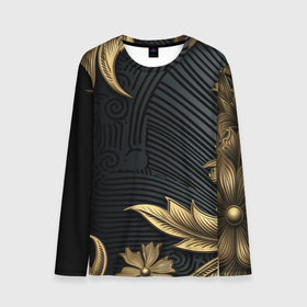 Мужской лонгслив 3D с принтом Объемные золотые листья на черной ткани  лепнина в Екатеринбурге, 100% полиэстер | длинные рукава, круглый вырез горловины, полуприлегающий силуэт | 