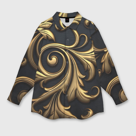 Мужская рубашка oversize 3D с принтом Объемные золотые листья на черном фоне лепнина в Екатеринбурге,  |  | Тематика изображения на принте: 