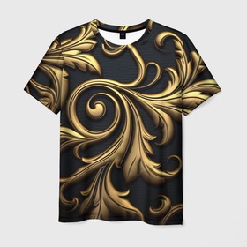 Мужская футболка 3D с принтом Объемные золотые листья на черном фоне лепнина в Екатеринбурге, 100% полиэфир | прямой крой, круглый вырез горловины, длина до линии бедер | Тематика изображения на принте: 