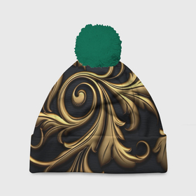 Шапка 3D c помпоном с принтом Объемные золотые листья на черном фоне лепнина в Екатеринбурге, 100% полиэстер | универсальный размер, печать по всей поверхности изделия | Тематика изображения на принте: 