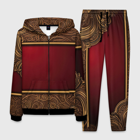 Мужской костюм 3D с принтом Лепнина объемные золотые узоры и красная вставка в Екатеринбурге, 100% полиэстер | Манжеты и пояс оформлены тканевой резинкой, двухслойный капюшон со шнурком для регулировки, карманы спереди | 