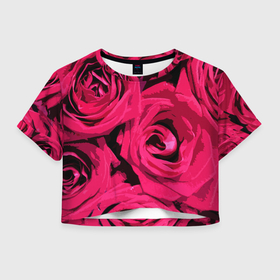 Женская футболка Crop-top 3D с принтом Крупные розы насыщенный в Петрозаводске, 100% полиэстер | круглая горловина, длина футболки до линии талии, рукава с отворотами | 