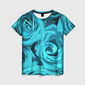 Женская футболка 3D с принтом Крупные розы бирюзовый в Белгороде, 100% полиэфир ( синтетическое хлопкоподобное полотно) | прямой крой, круглый вырез горловины, длина до линии бедер | 