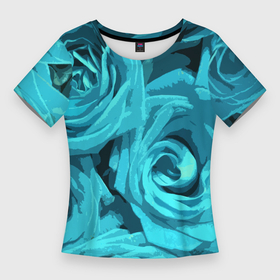 Женская футболка 3D Slim с принтом Крупные розы бирюзовый в Санкт-Петербурге,  |  | Тематика изображения на принте: 