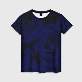 Женская футболка 3D с принтом Крупные розы тёмно синий , 100% полиэфир ( синтетическое хлопкоподобное полотно) | прямой крой, круглый вырез горловины, длина до линии бедер | 