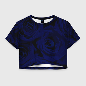 Женская футболка Crop-top 3D с принтом Крупные розы тёмно синий в Петрозаводске, 100% полиэстер | круглая горловина, длина футболки до линии талии, рукава с отворотами | 