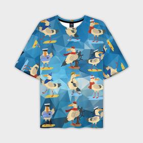 Мужская футболка oversize 3D с принтом Паттерн чаек на полигональном синем в Тюмени,  |  | Тематика изображения на принте: 