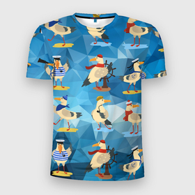 Мужская футболка 3D Slim с принтом Паттерн чаек на полигональном синем в Тюмени, 100% полиэстер с улучшенными характеристиками | приталенный силуэт, круглая горловина, широкие плечи, сужается к линии бедра | 