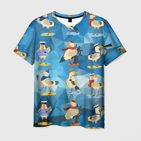 Мужская футболка 3D с принтом Паттерн чаек на полигональном синем в Тюмени, 100% полиэфир | прямой крой, круглый вырез горловины, длина до линии бедер | 