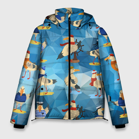 Мужская зимняя куртка 3D с принтом Паттерн чаек на полигональном синем в Санкт-Петербурге, верх — 100% полиэстер; подкладка — 100% полиэстер; утеплитель — 100% полиэстер | длина ниже бедра, свободный силуэт Оверсайз. Есть воротник-стойка, отстегивающийся капюшон и ветрозащитная планка. 

Боковые карманы с листочкой на кнопках и внутренний карман на молнии. | 