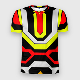 Мужская футболка 3D Slim с принтом Жёлтые и красные техно линии в Екатеринбурге, 100% полиэстер с улучшенными характеристиками | приталенный силуэт, круглая горловина, широкие плечи, сужается к линии бедра | 